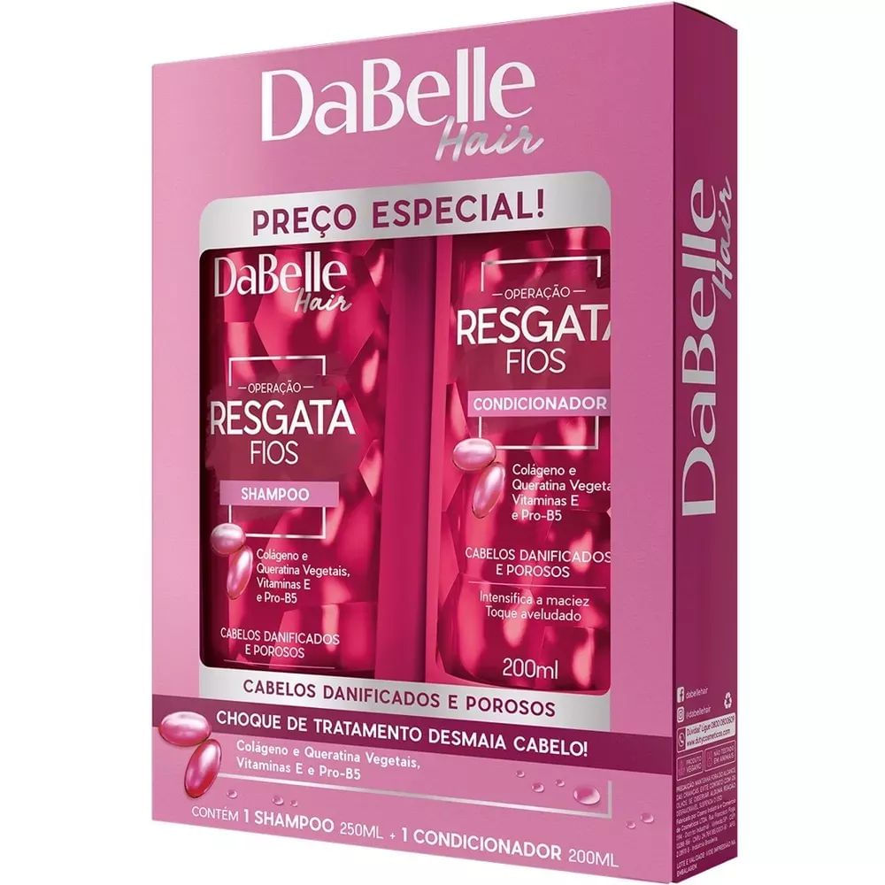 Kit Shampoo 250ml + Condicionador 200ml Reconstrução DaBelle Resgata Fios Cabelos Danificados e Porosos