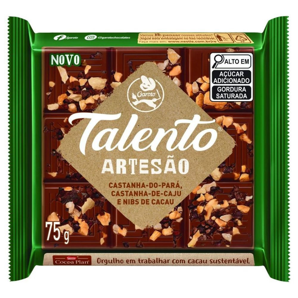 Garoto Barra Chocolate ao Leite Talento Artesão 75g com Castanhas e Nibs de Cacau