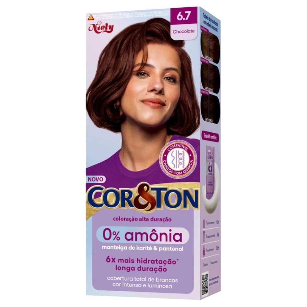 Kit Tintura Creme Coloração 6.7 Chocolate Especial Niely Cor&Ton sem Amônia Hidratante