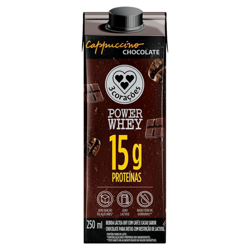 Bebida Láctea Cappuccino Chocolate 3 Corações 250ml Power Whey Zero Lactose