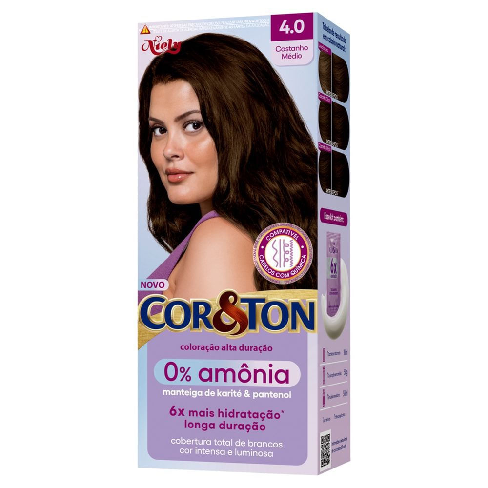 Kit Tintura Creme 4.0 Castanho Médio Niely Cor&Ton 0% Amônia sem Sulfato Profissional