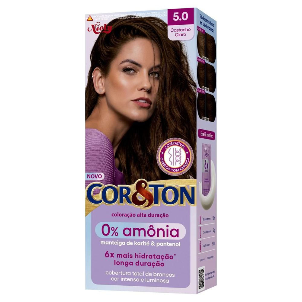 Kit Tintura Creme 5.0 Castanho Claro Niely Cor&Ton sem Amônia Hidratação Profissional