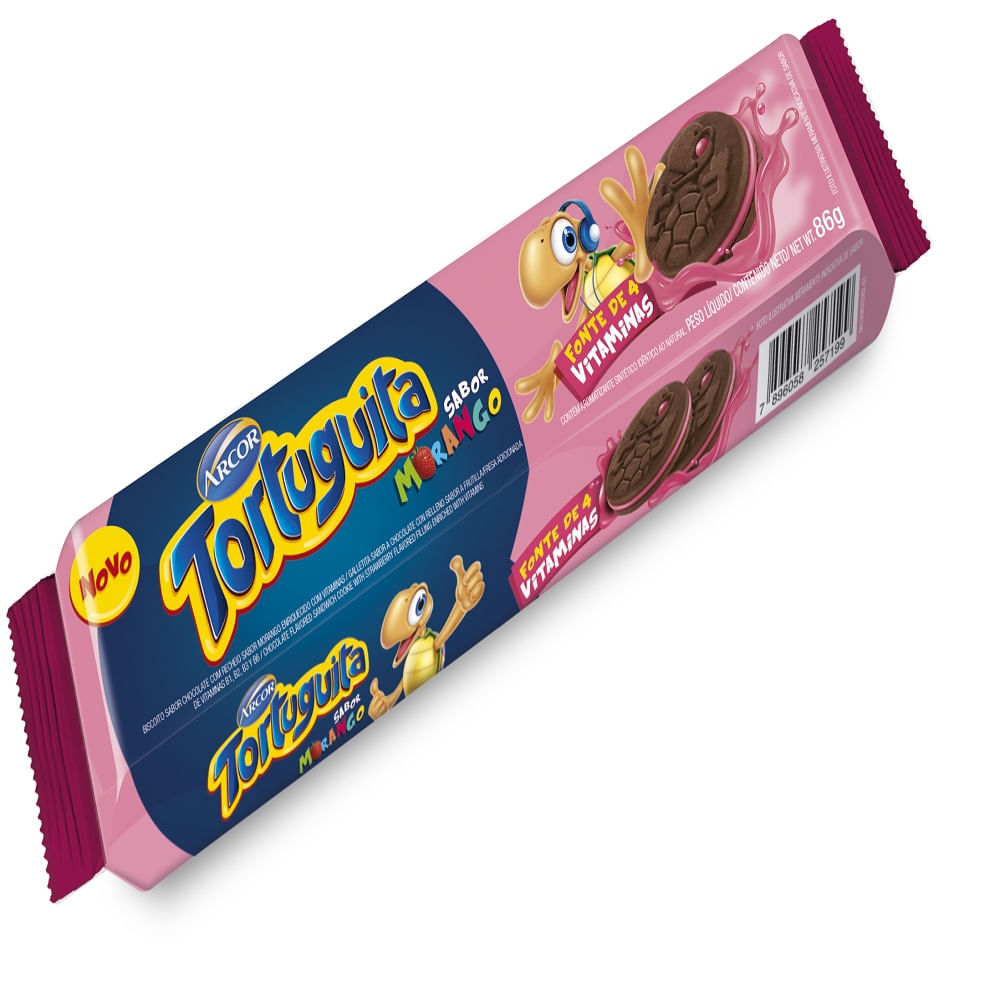 Biscoito Recheado Morango Tortuguita Arcor 86g Vitaminado