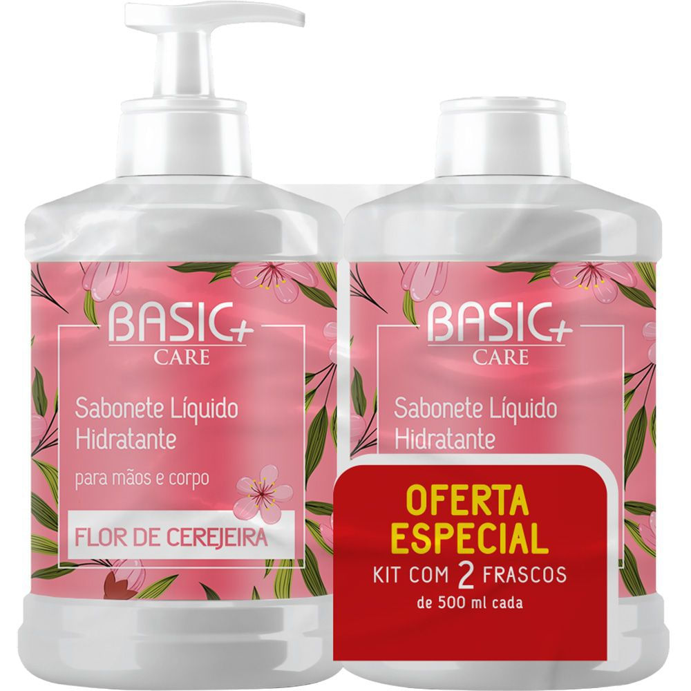 Kit Sabonete Líquido Hidratante Basic+ Care Flor de Cerejeira 500ml + Refil 500ml