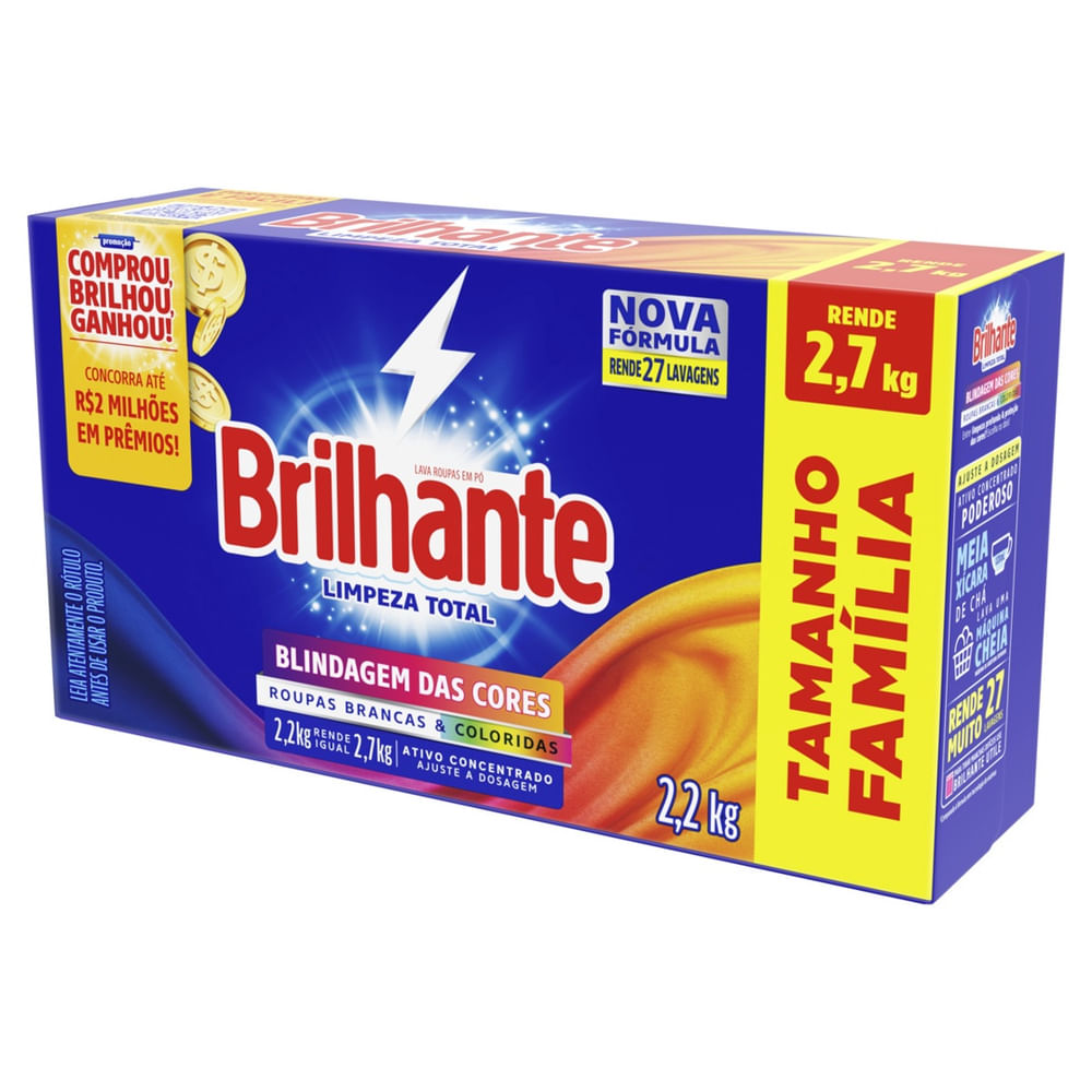 Sabão em Pó Concentrado Brilhante Limpeza Total Roupas Brancas e Coloridas 2,2kg