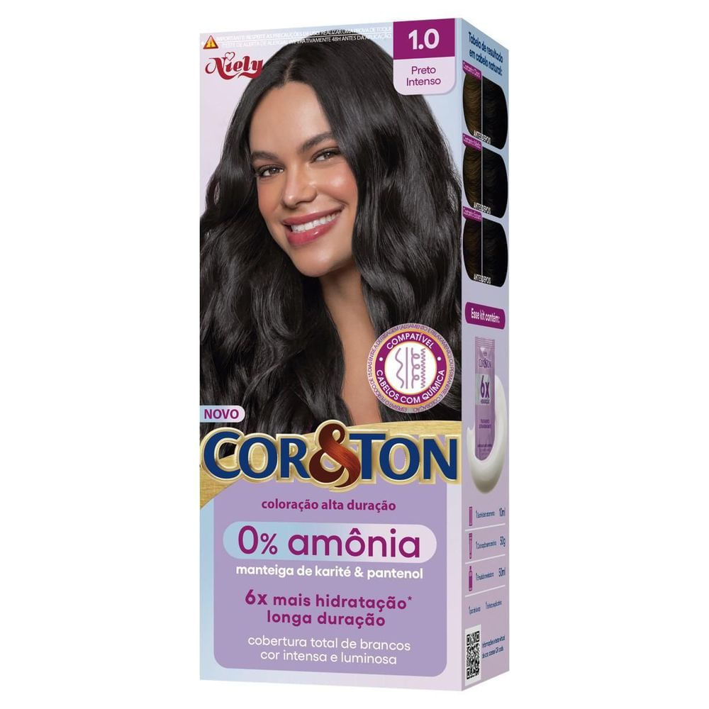 Kit Tintura Creme Cor&Ton 1.0 Preto Intenso Niely Cobertura Total Fios Brancos Hidratação Intensa