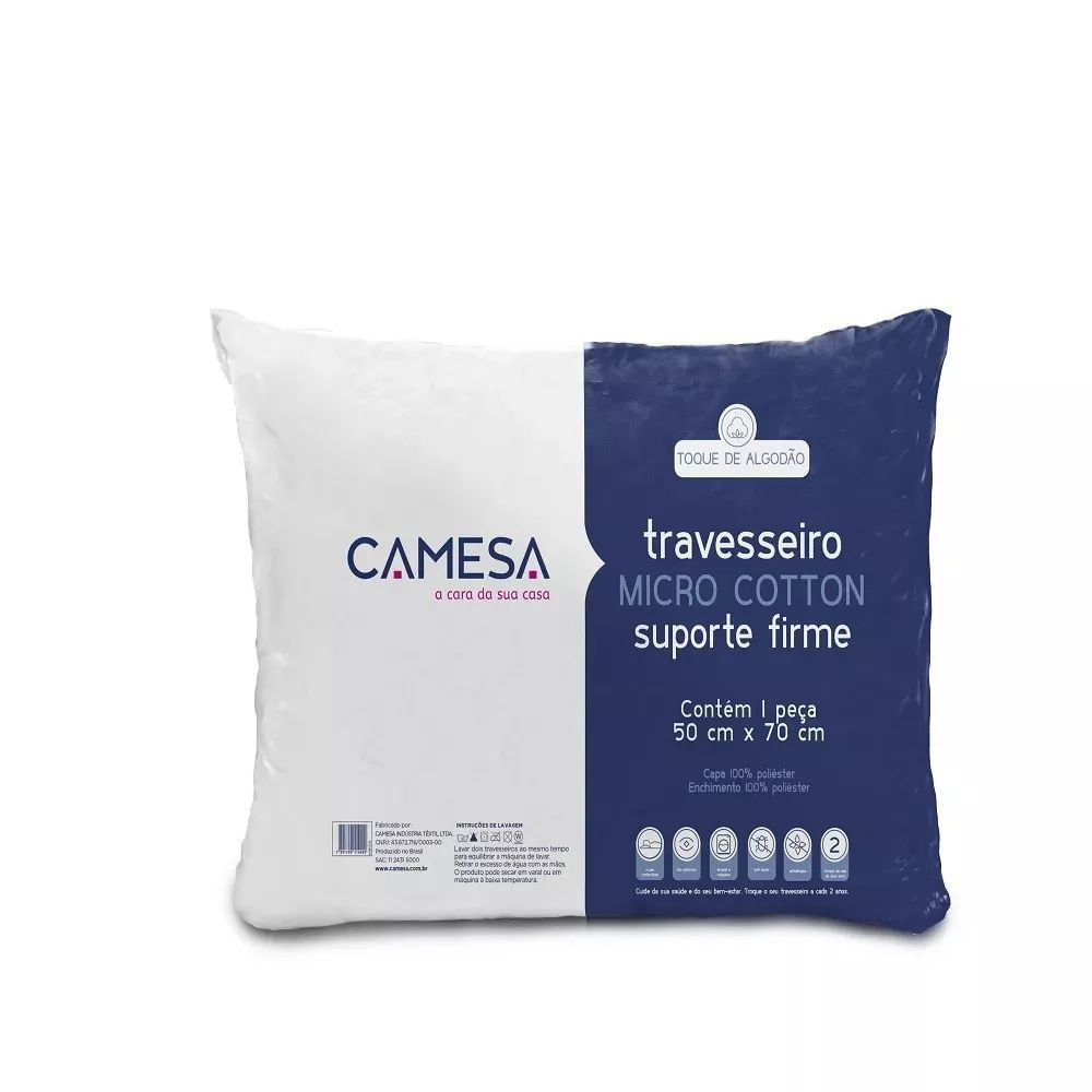 Travesseiro Antialérgico Camesa Cotton Suporte Firme 50x70cm Branco