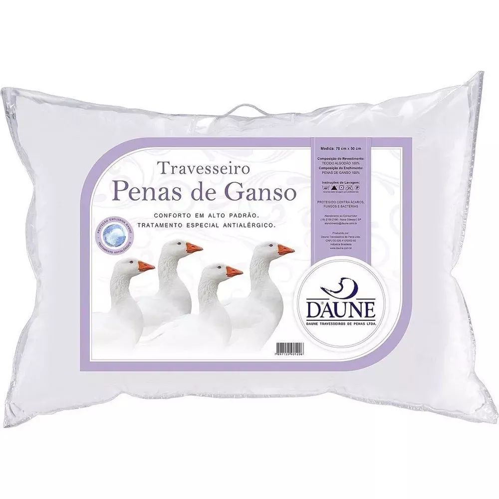 Travesseiro Antialérgico Daune 100% Penas de Ganso 50x70cm Algodão Branco