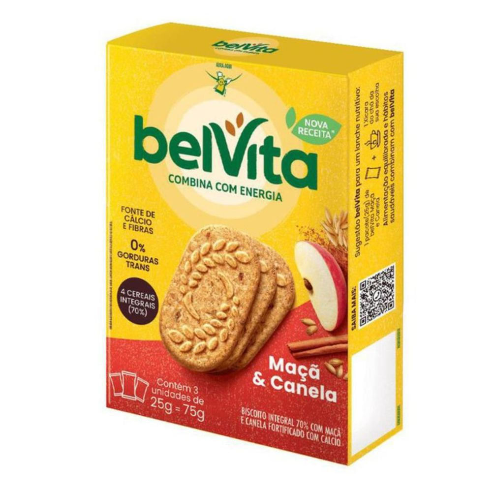 Biscoito Integral Maçã e Canela BelVita 75g Multipack 3 Unidades Fonte de Fibras
