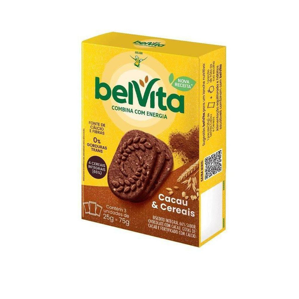 Biscoito Integral Cacau e Cereais BelVita Multipack 75g Fonte de Fibras