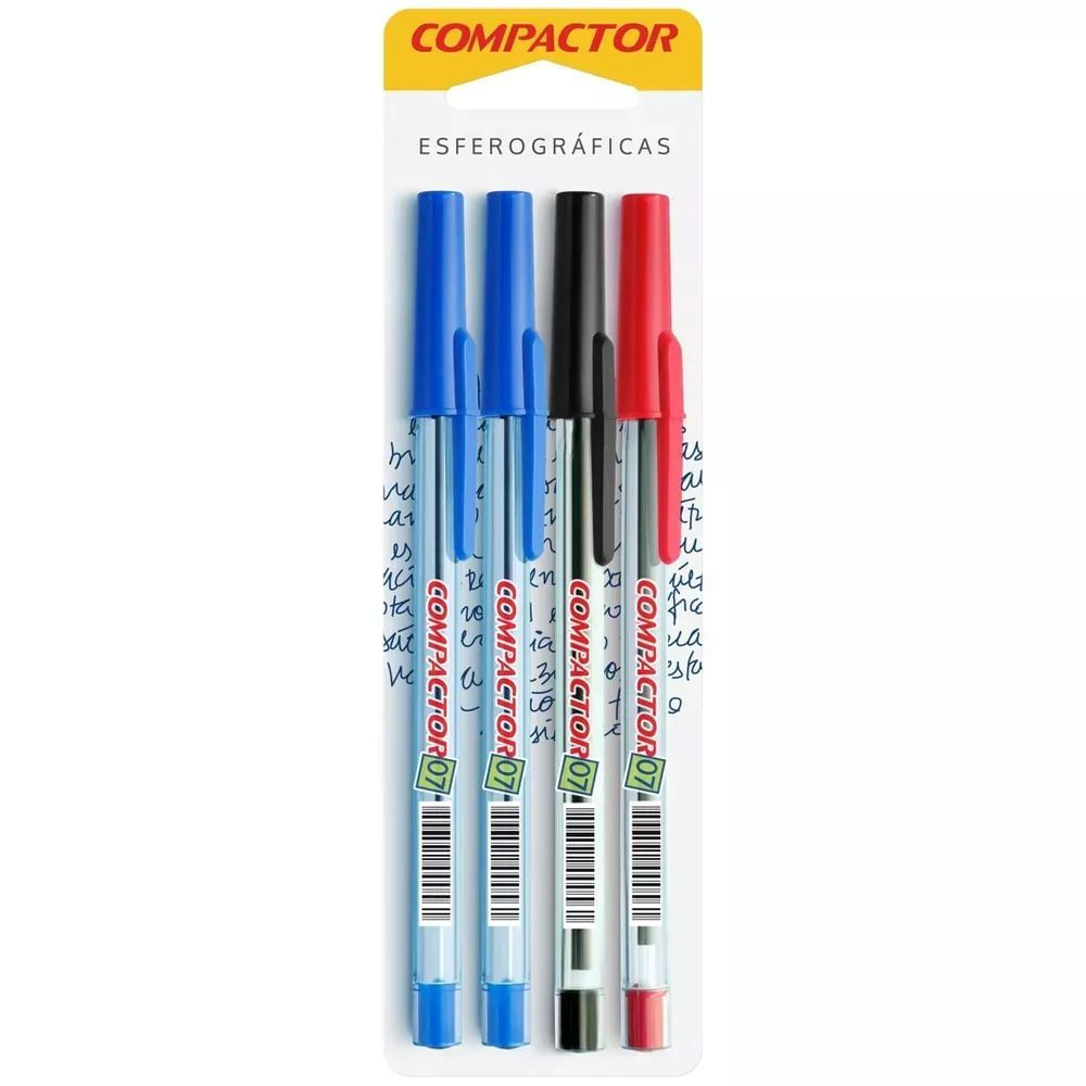Caneta Esferográfica Ponta Média 4 Unidades Compactor Tampas Coloridas