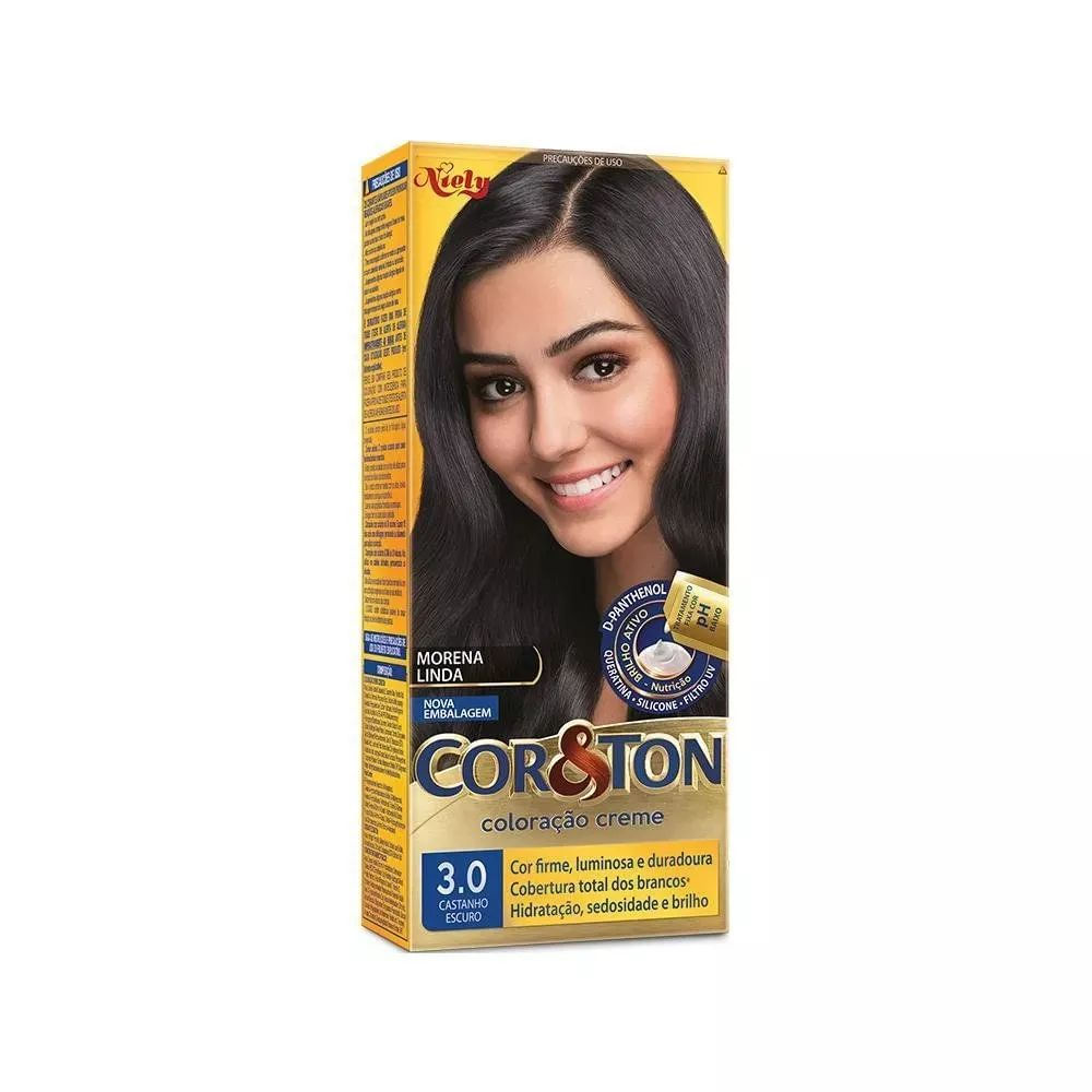 Coloração Permanente Castanho Escuro 3.0 Niely Cor&Ton Kit Cobertura Total Fios Brancos