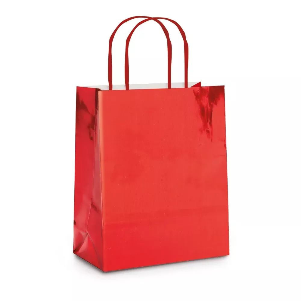 Sacola para Presente Laminada Vermelha Metal Brilho P 21,5x15x8cm Cromus Alças de Fita