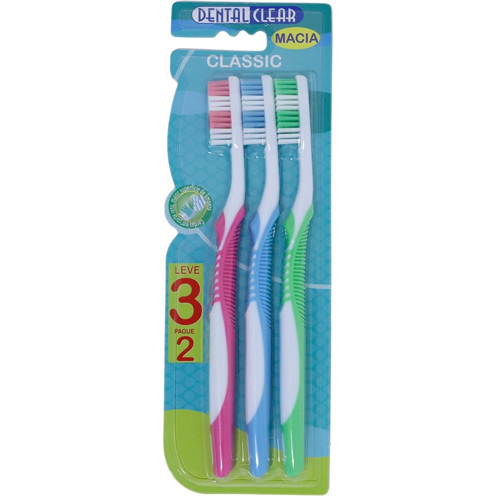 Escova de Dente Higiene Bucal Dental Clear Classic Macia Kit 3 Unidades