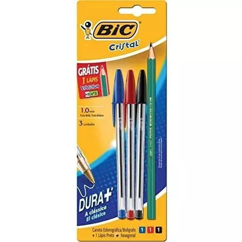 Caneta Esferográfica Cristal Kit 3 Canetas + 1 Lápis Bic Ponta 1.0mm
