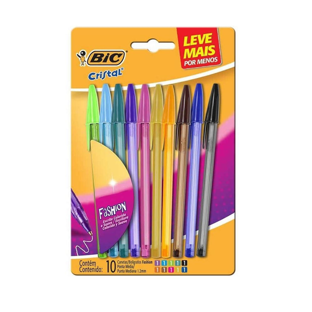 Caneta Esferográfica Cristal Fashion 10 Cores BIC Ponta Média 1.2mm