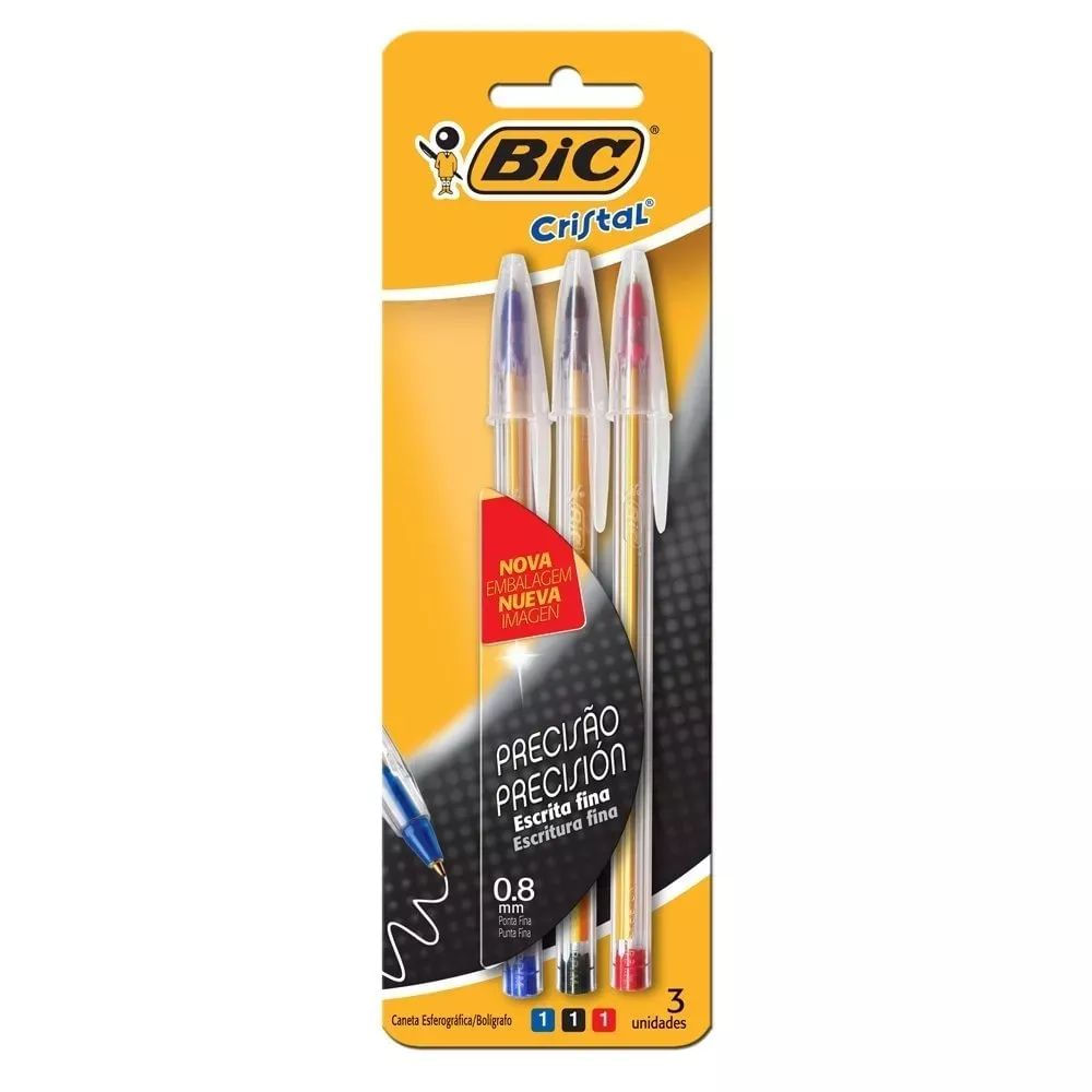 Caneta Esferográfica Cristal Precisão 3 Unidades Bic Ponta Fina 0,8mm