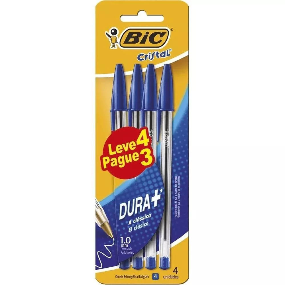 Caneta Esferográfica Cristal Dura Mais Ponta Média 1.0mm 4 Unidades Bic Tinta Azul