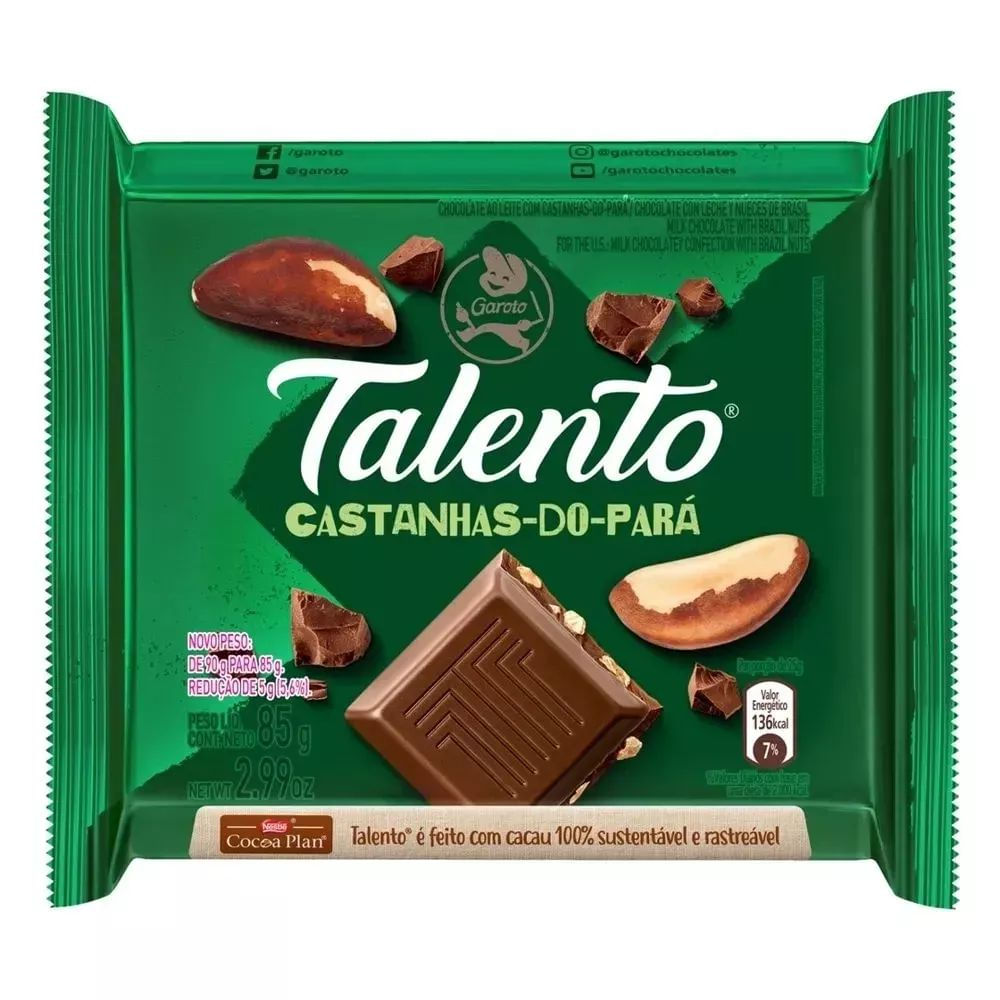 Chocolate ao Leite Garoto Castanha-do-Pará 85g Talento
