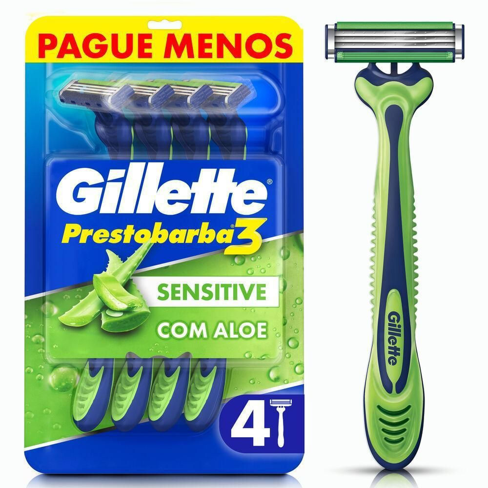 Aparelho de Barbear para Pele Sensível Gillette Prestobarba3 Descartável 4 Unidades