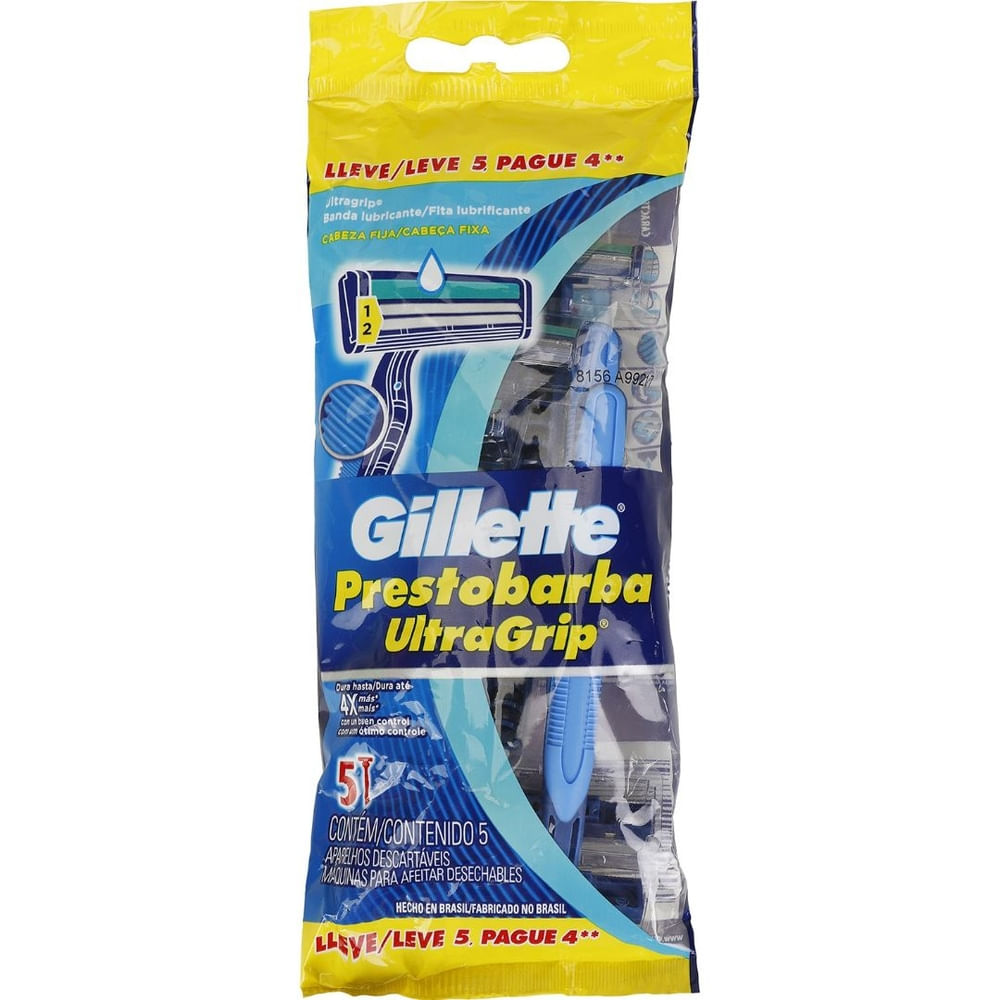 Aparelho de Barbear Descartável Masculino Gillette Prestobarba UltraGrip 5 Unidades