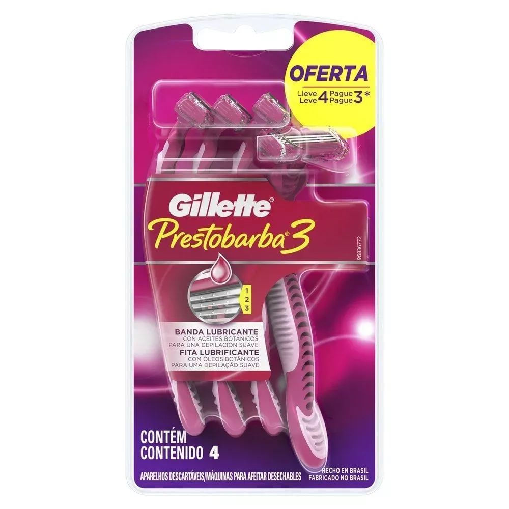 Aparelho de Depilação Descartável Feminino Gillette Prestobarba3 4 unidades