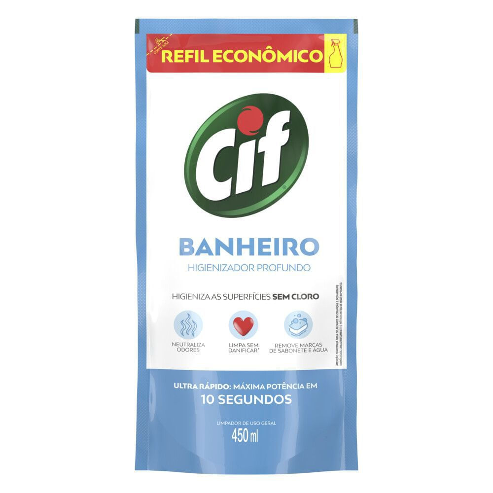 Limpador Multiuso Banheiro sem Cloro Cif Ultra Rápido Refil Líquido 450ml