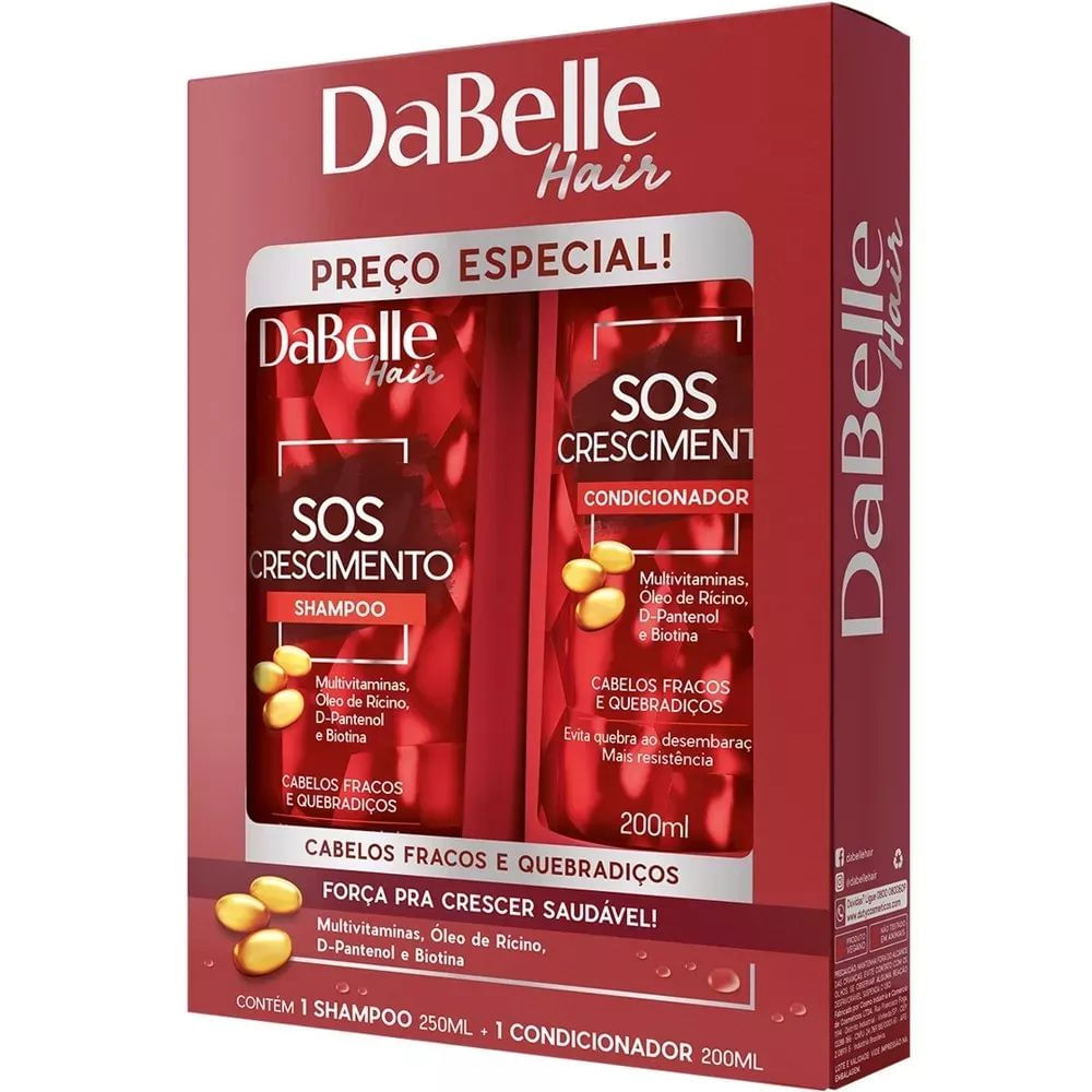 Kit Shampoo 250ml e Condicionador 200ml SOS Crescimento DaBelle Fortalecimento Antiqueda