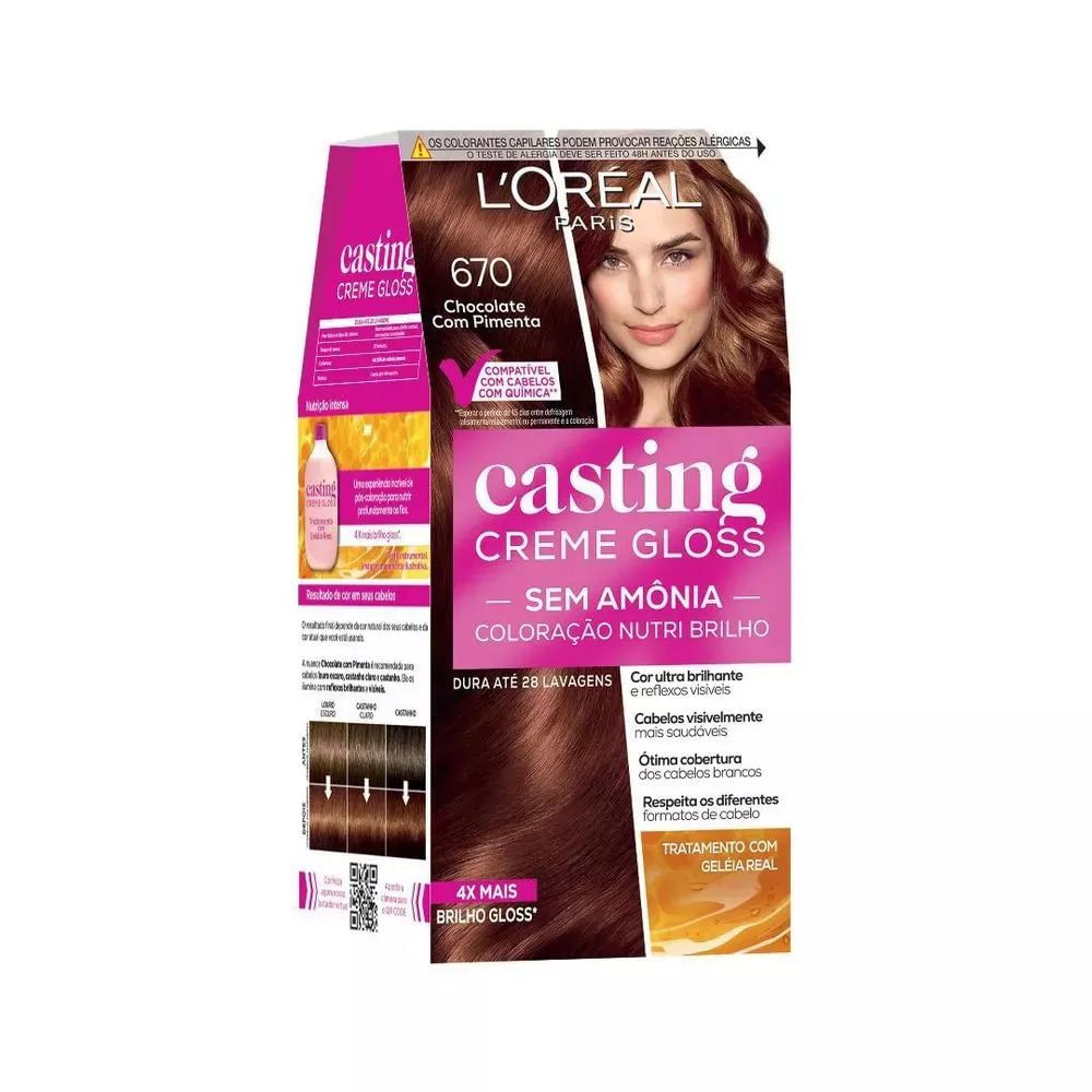 Coloração Creme Brilho e Nutrição 246g L'Oréal Paris Casting Creme Gloss 670 Chocolate com Pimenta sem Amônia