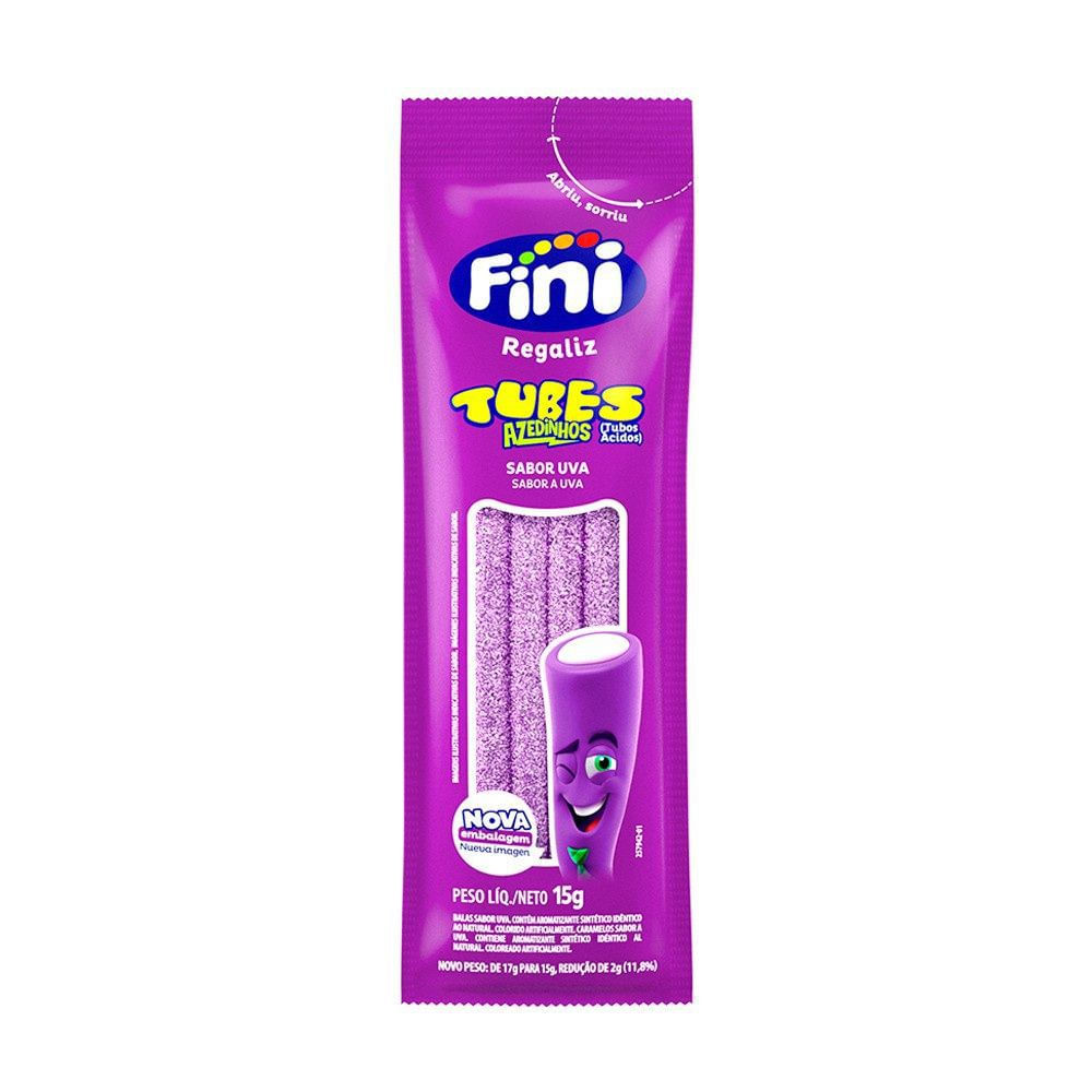 Bala de Gelatina Mini Tubes Uva Cítrica Fini 15g Azedinho