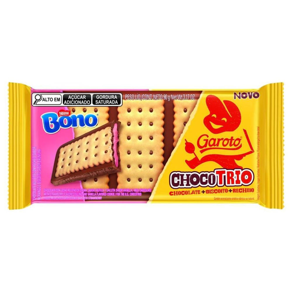 Garoto Barra de Chocolate ao Leite Recheio Bono Chocotrio 90g com Biscoito Baunilha
