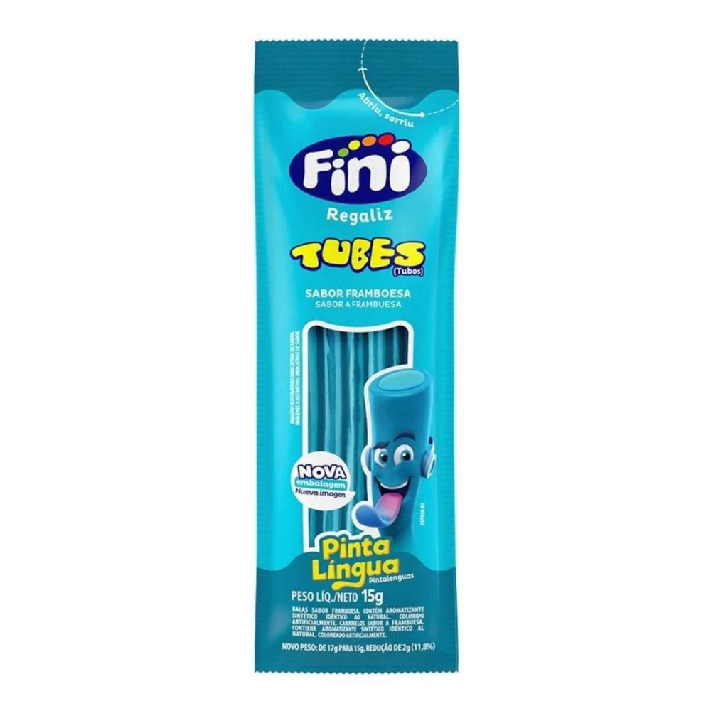 Bala de Gelatina Mini Tubes Pinta Língua Framboesa Fini 15g Azul