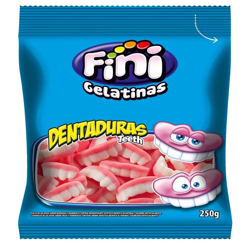 Bala de Gelatina Dentaduras Morango e Framboesa Fini 250g Sem Glúten