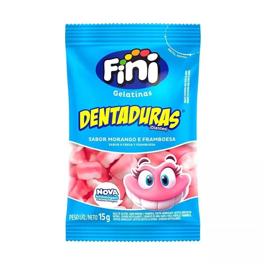 Bala de Gelatina Dentaduras Morango e Framboesa Fini 15g Sem Glúten