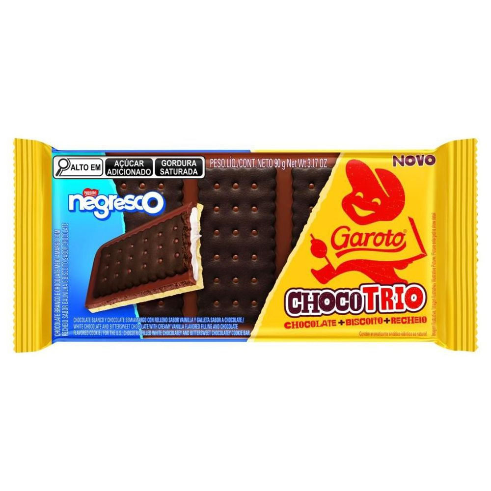 Garoto Barra de Chocolate Branco e Meio Amargo Recheio Negresco Chocotrio 90g