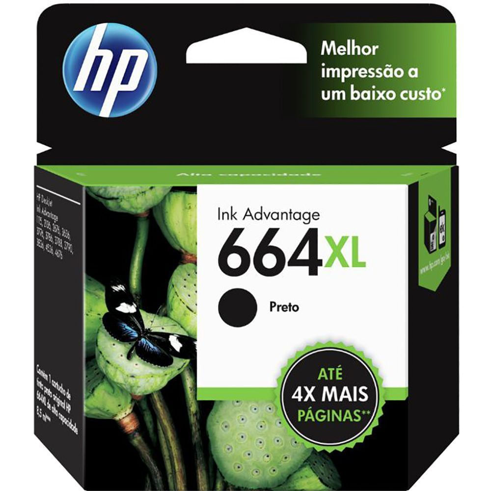 Cartucho de Tinta HP 664XL Preto F6V31AB Alto Rendimento Original