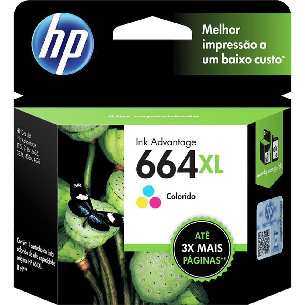 Cartucho de Tinta HP 664XL Tricolor Original F6V30AB 8ml 330 Páginas