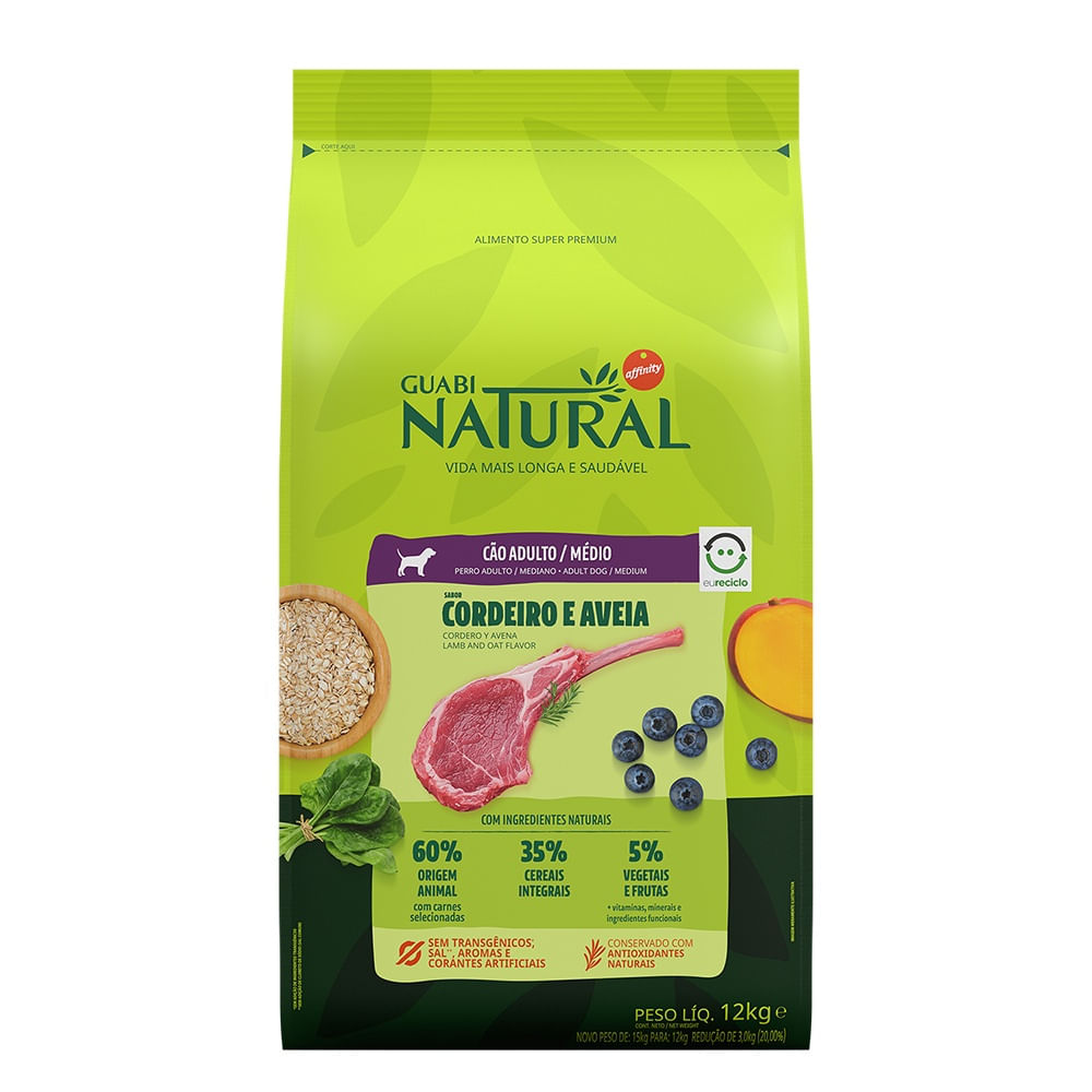 Ração Guabi Natural Cães Adultos Raças Médias Cordeiro e Aveia 12kg