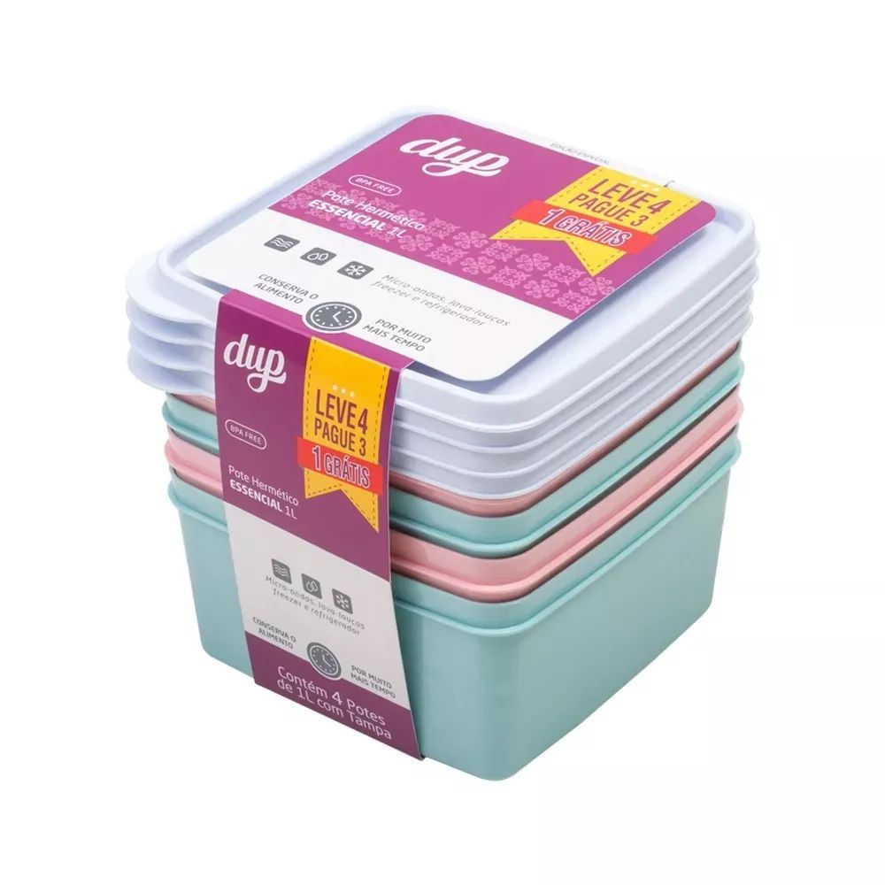 Conjunto de Potes Herméticos 4 Peças 1L Dup Quadrado Empilhável