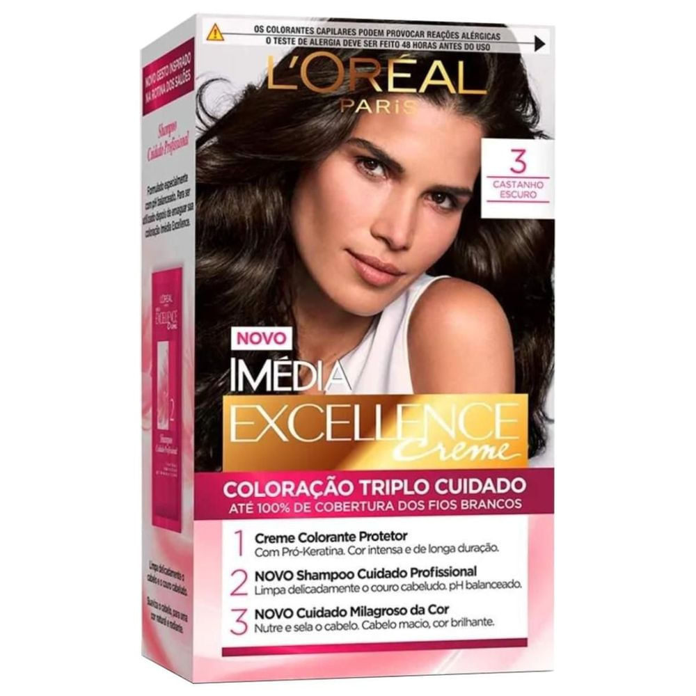 Coloração Creme Castanho Escuro 3 Imédia Excellence L'Oréal Paris Cobertura 100% Brancos Kit Profissional