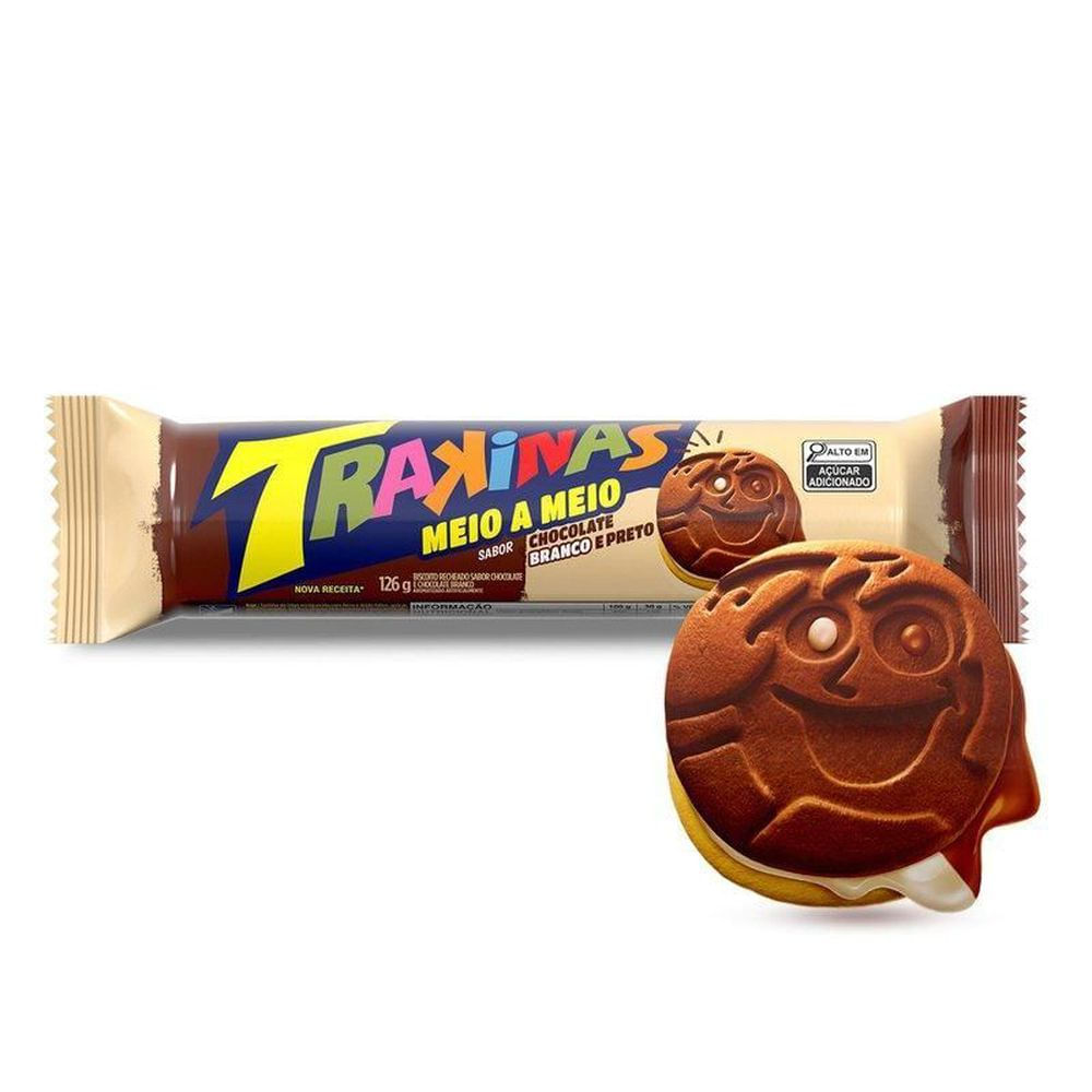 Biscoito Recheado Meio a Meio Trakinas 126g Fonte de Cálcio