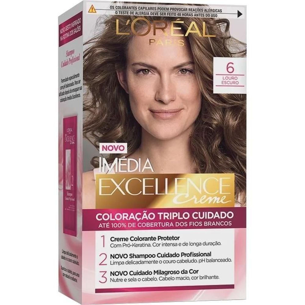 Coloração Permanente Louro Escuro 6 179g L'Oréal Paris Imédia Excellence Cobertura 100% Brancos Kit