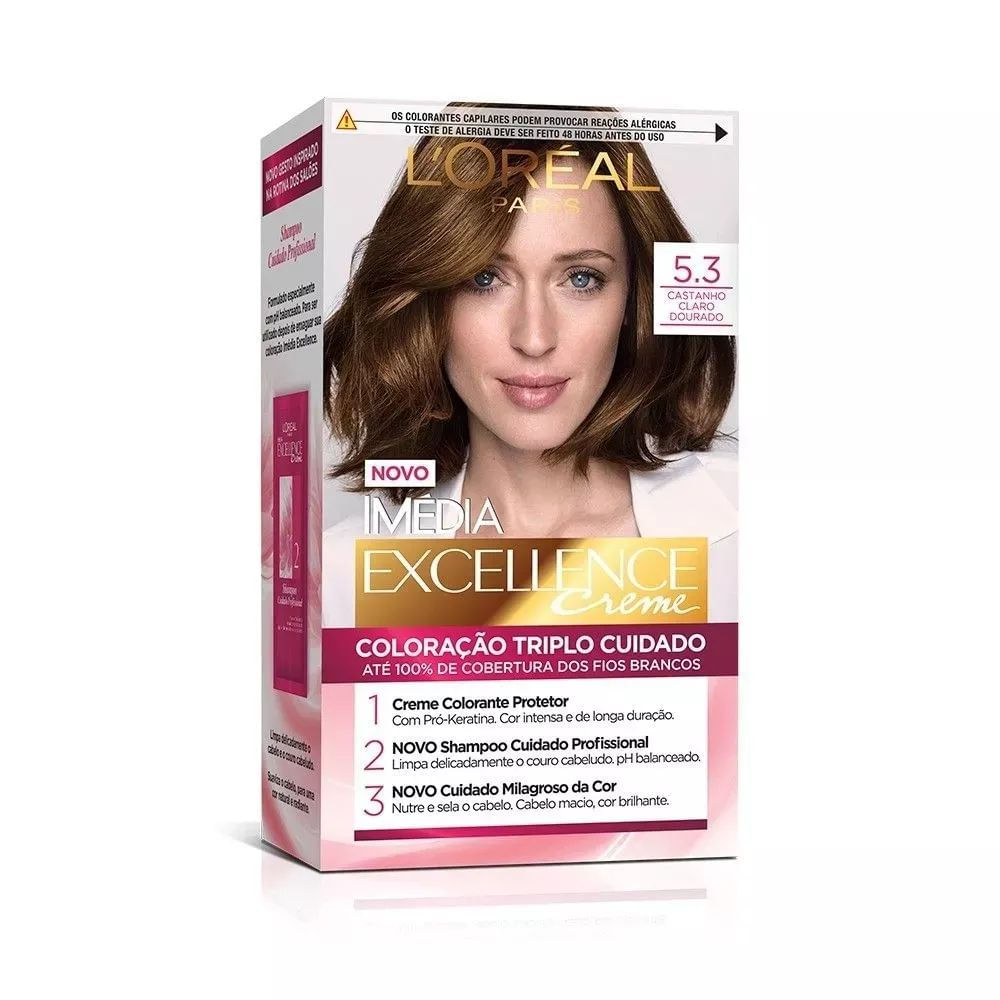 Coloração Creme Imédia Excellence 5.3 Castanho Claro Dourado L'Oréal Paris Cobertura 100% Fios Brancos Kit