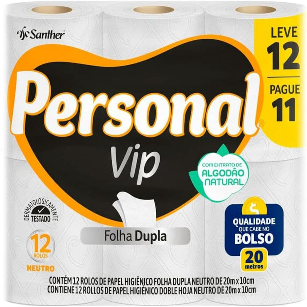 Papel Higiênico Folha Dupla Personal Vip Neutro 20m 12 Unidades