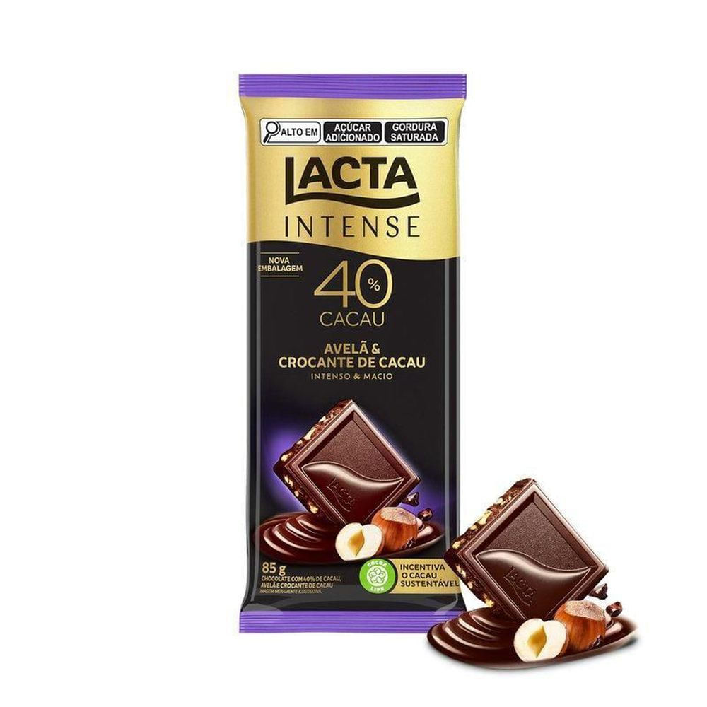 Lacta Barra de Chocolate Intense Meio Amargo 40% Cacau com Avelã e Crocante 85g