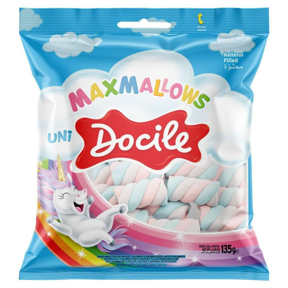 Marshmallow Baunilha Recheio Morango Docile 135g Maxmallows sem Glúten