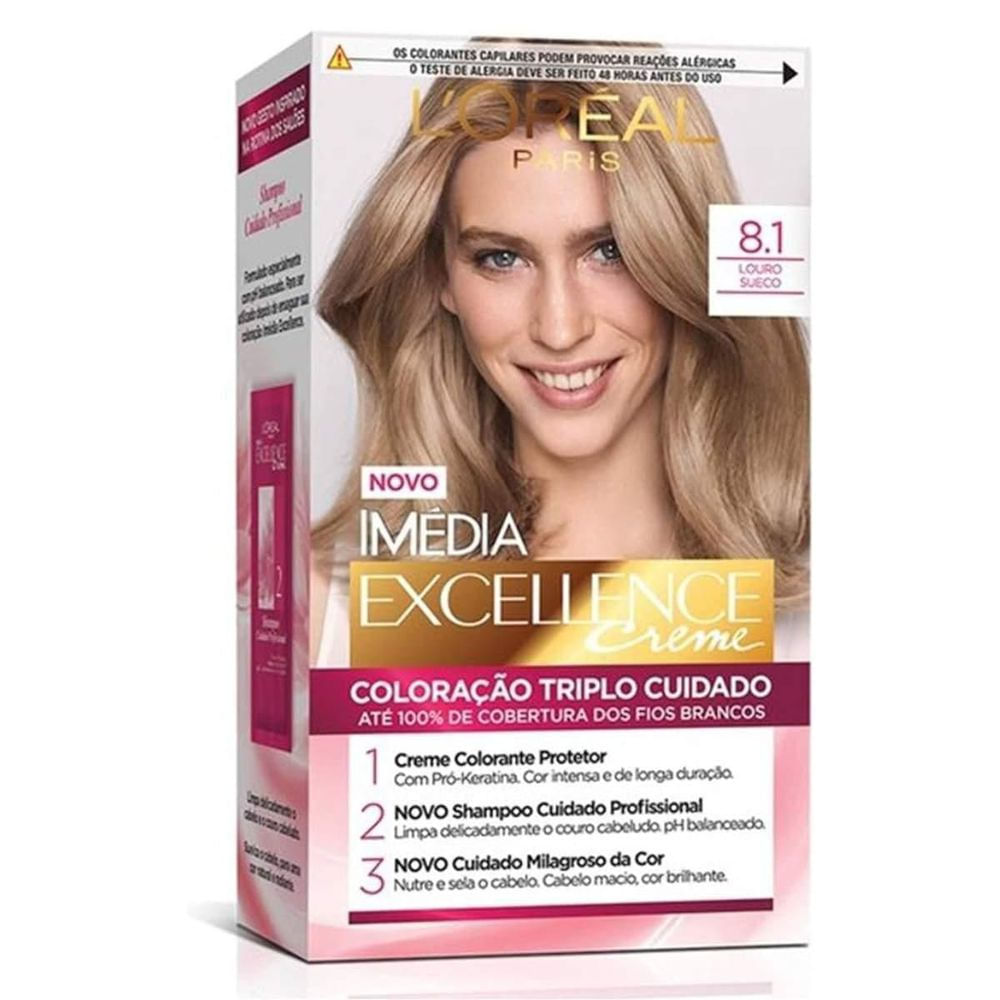 Coloração Permanente Louro Sueco 8.1 Imédia Excellence L'Oréal Paris Kit Triplo Cuidado