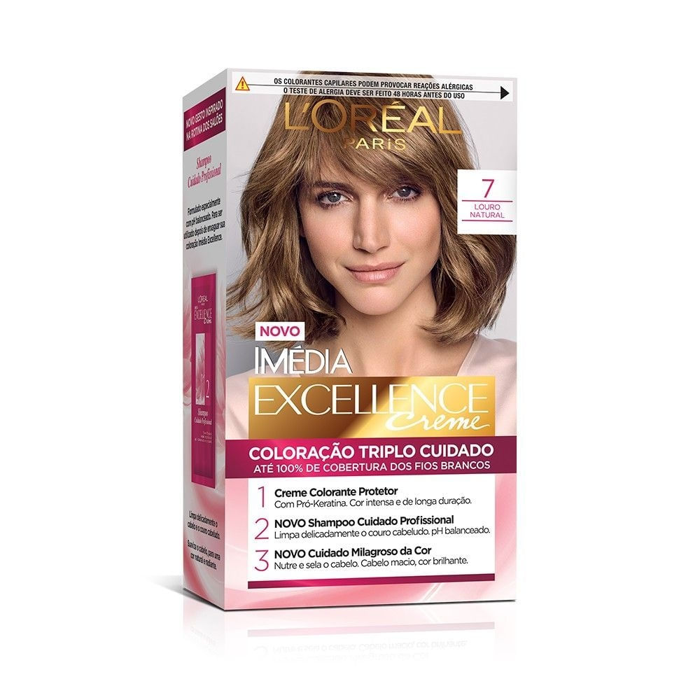 Coloração Creme 7 Louro Natural 179g Imédia Excellence L'Oréal Paris Cobertura 100% Fios Brancos