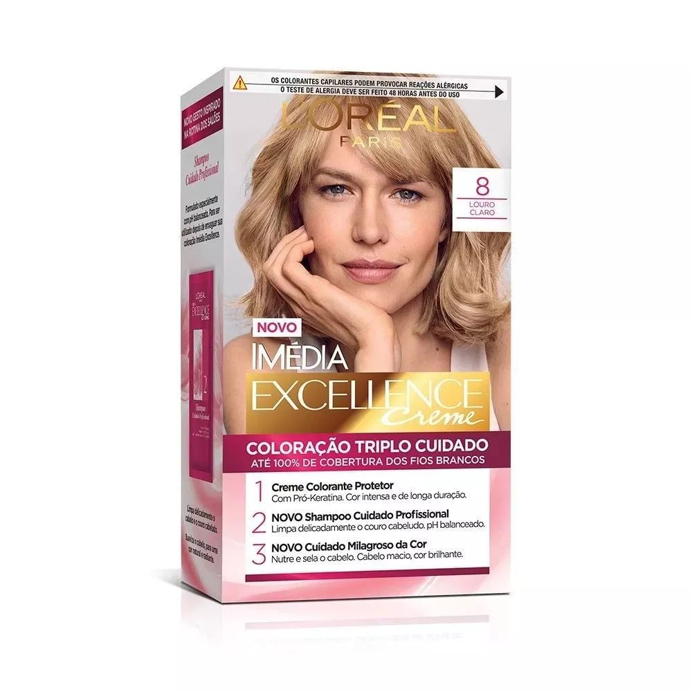 Coloração Creme Imédia Excellence 8.0 Louro Claro L'Oréal Paris Kit Triplo Cuidado Cobertura Total