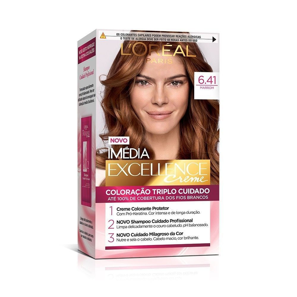 Coloração Permanente Marrom 6.41 Imédia Excellence L'Oréal Paris Kit Cobertura Total Fios Brancos